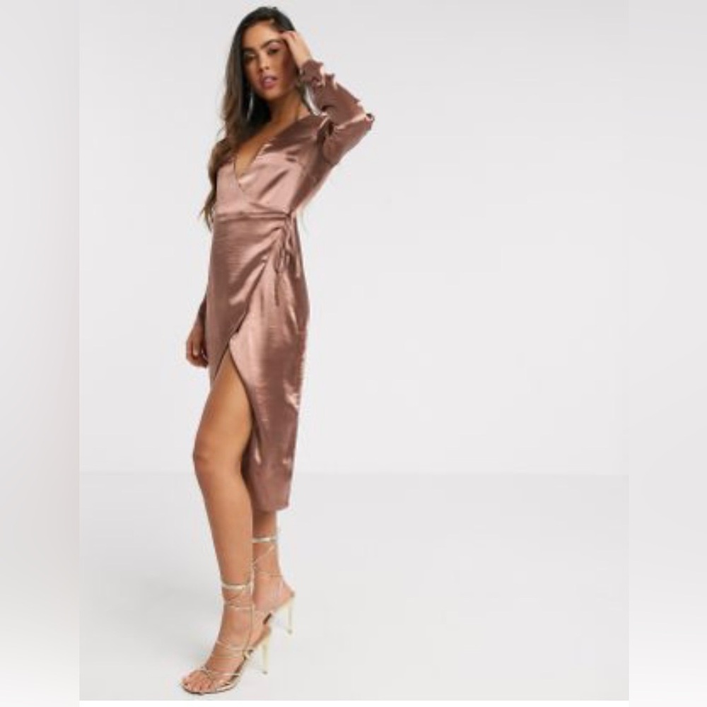 ASOS Satin Wrap Midi Dress in Rose Bronze